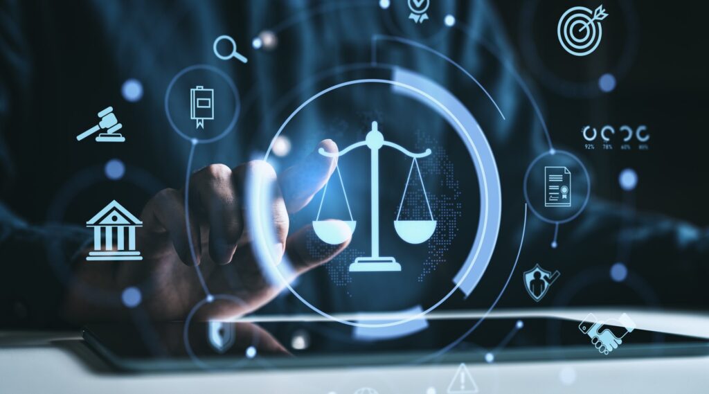 Hand interacting with digital hologram of law