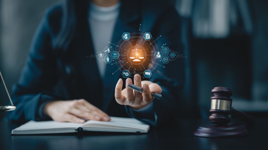 a hand holding an innovation of network icons next to a gavel